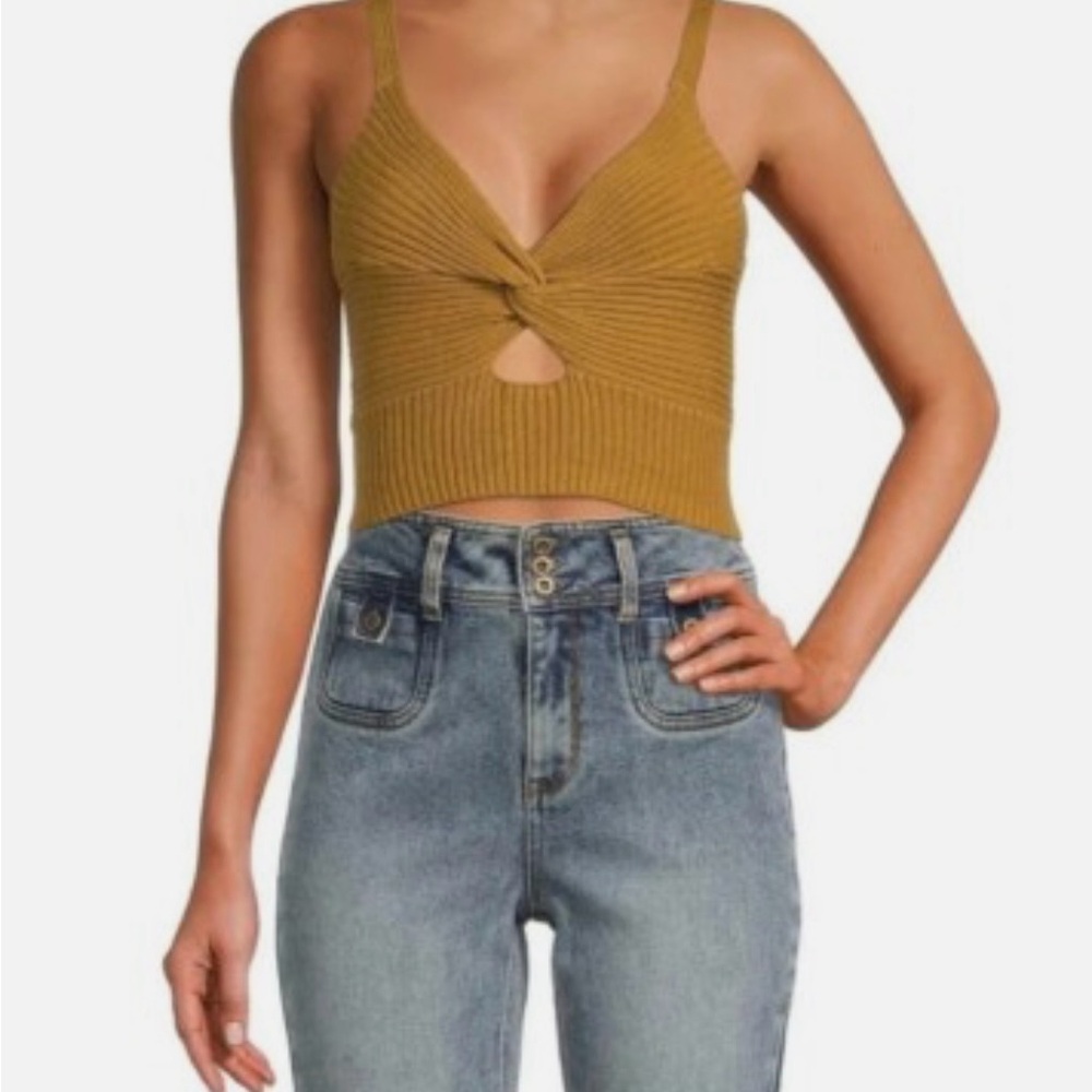 Twist-Knot Mustard Ribbed Crop Tank